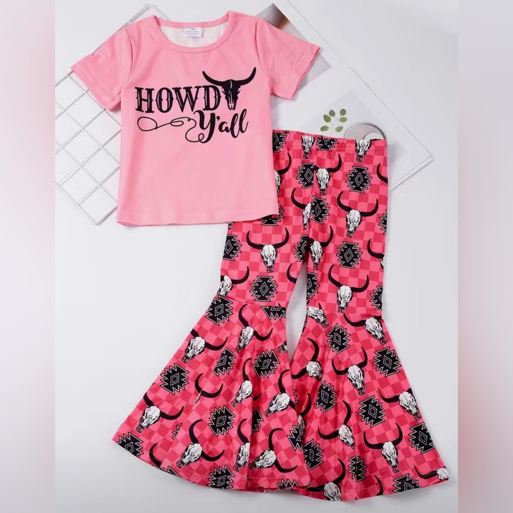 Girls Boutique Western Steer HOWDY Y’ALL Graphic Top & Bell Bottoms Pants Set